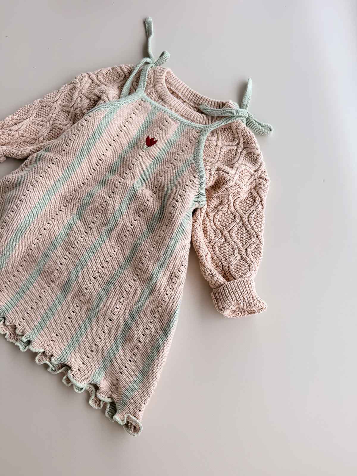 Embroidered Pointelle Tie Dress | Mist Stripe