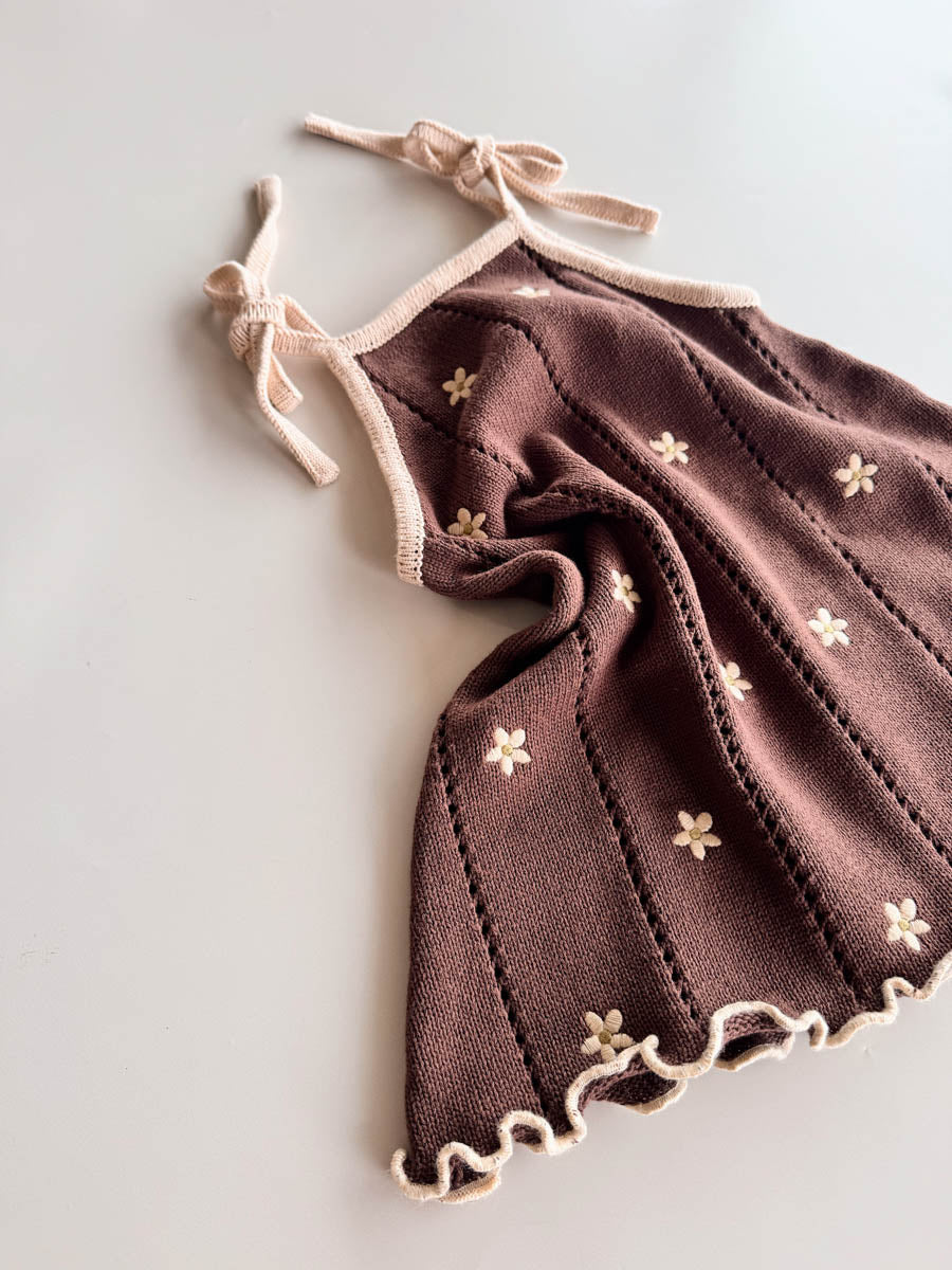 Pointelle Tie Dress | Brown Embroidery Daisy