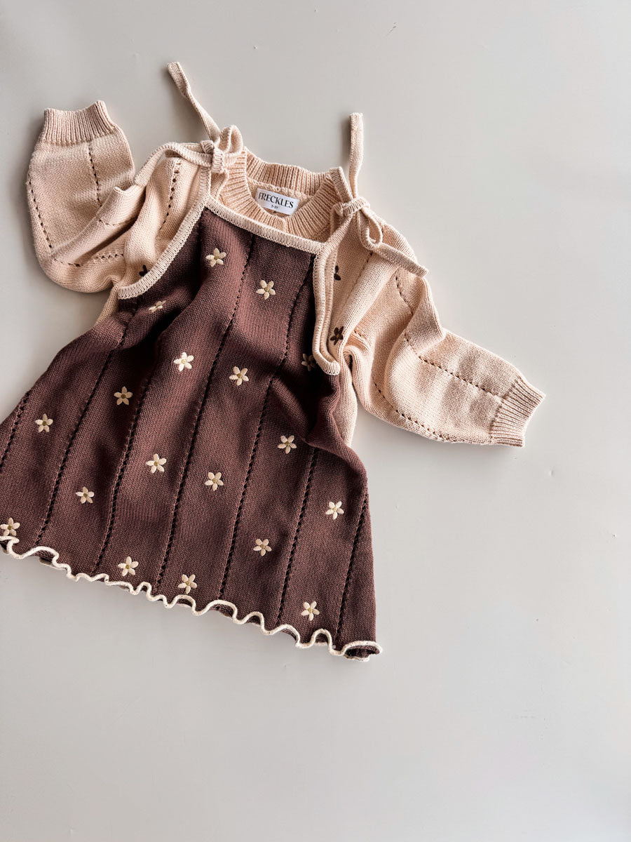 Pointelle Tie Dress | Brown Embroidery Daisy