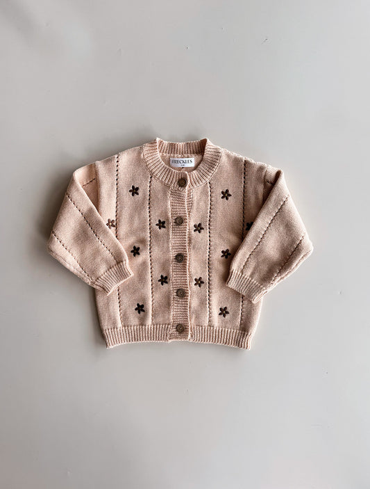 Cotton Knit Cardigan  | Embroidery Brown Daisy