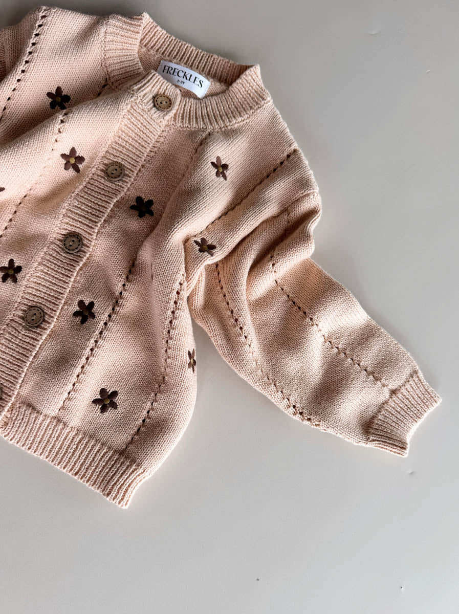 Cotton Knit Cardigan  | Embroidery Brown Daisy