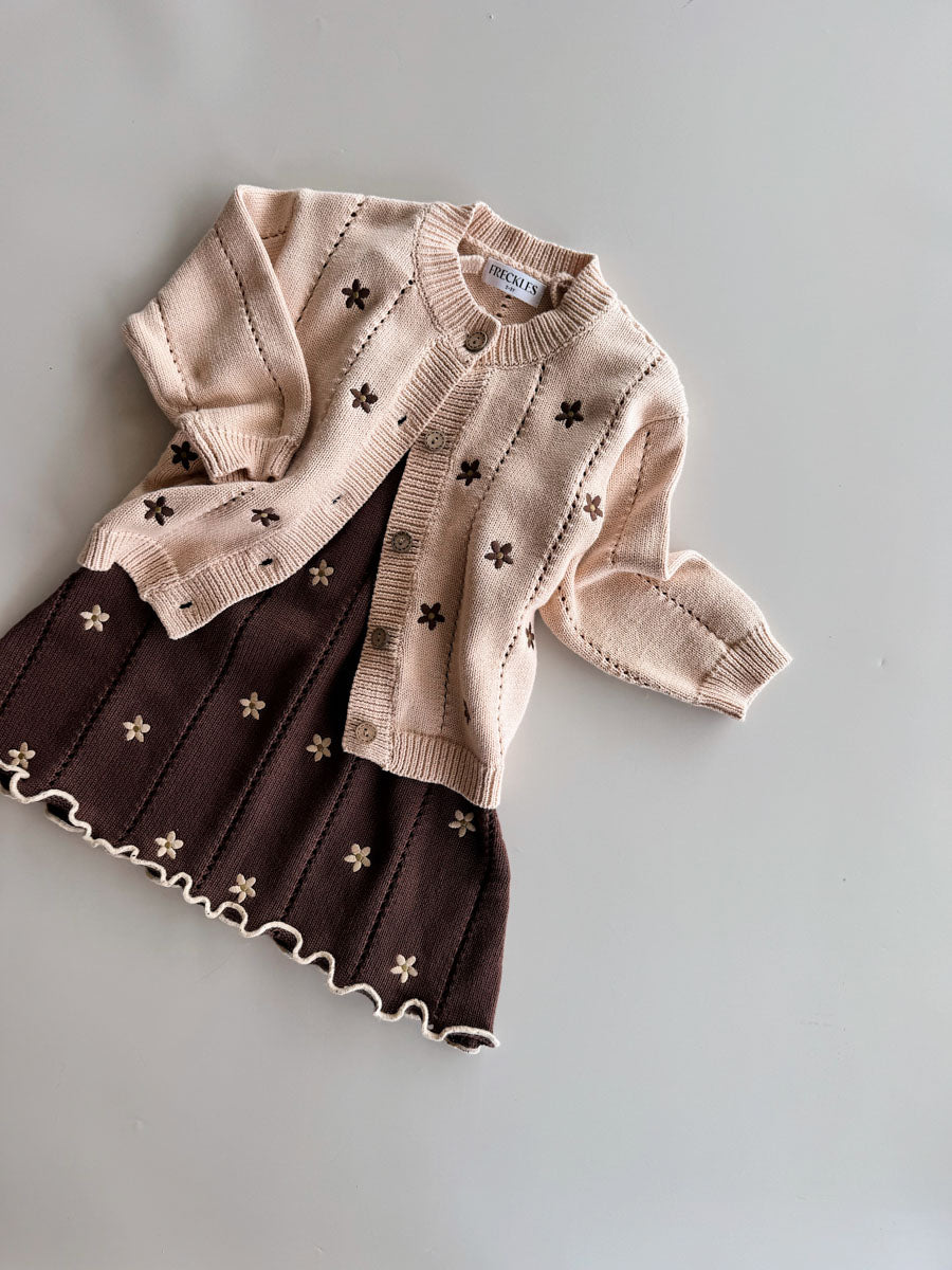 Pointelle Tie Dress | Brown Embroidery Daisy