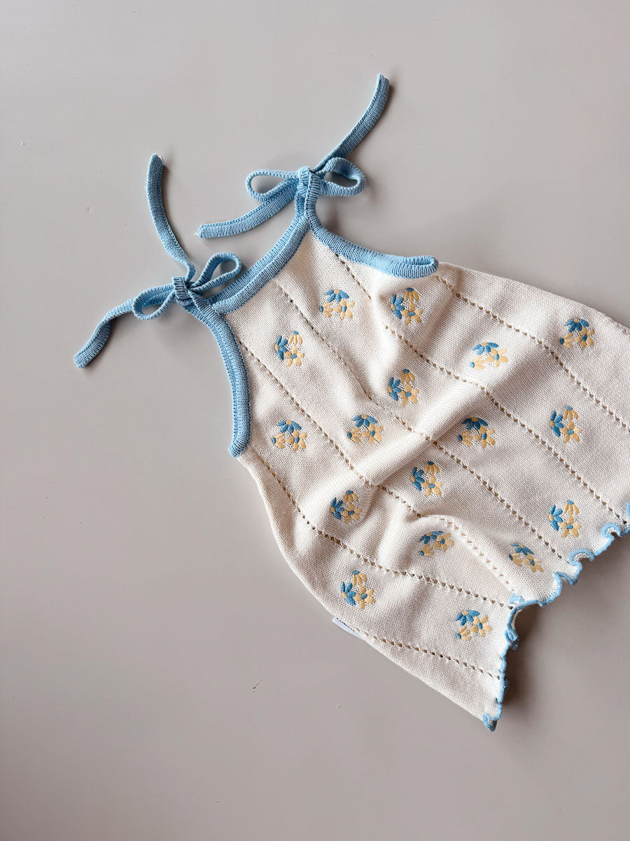 Baby dress with blue floral embroidery on a gray background