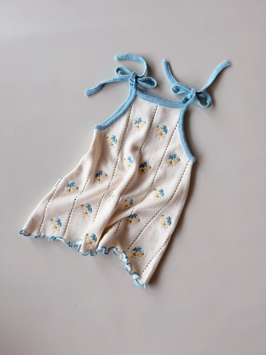 girls tie dress cream blue yellow embroidery